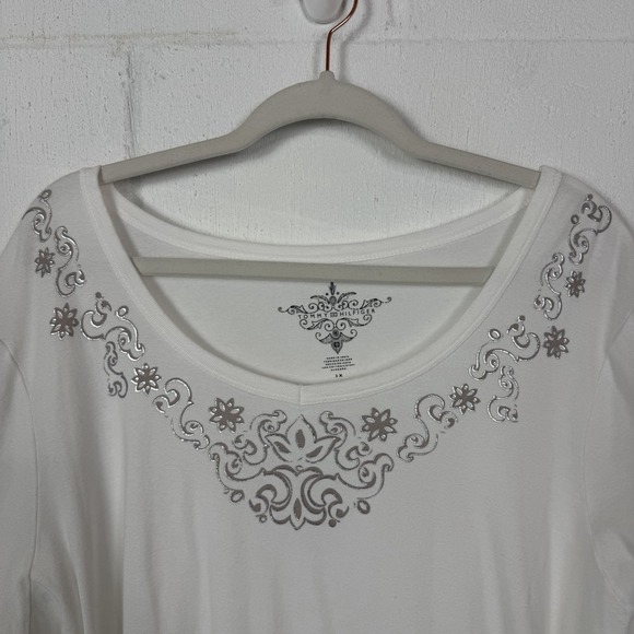 Tommy Hilfiger Womens T-Shirt White Silver Embellished Floral Trim Artsy Size 3X - Picture 2 of 12